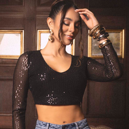 Croptop Negro con Lentejuelas Manga Larga — KanCan
