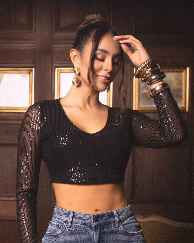 Croptop Negro manga larga con lentejuelas