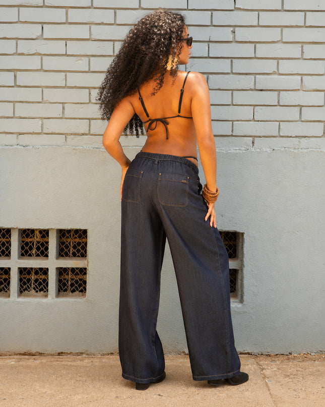 Pantalón Palazzo en denim liviano índigo