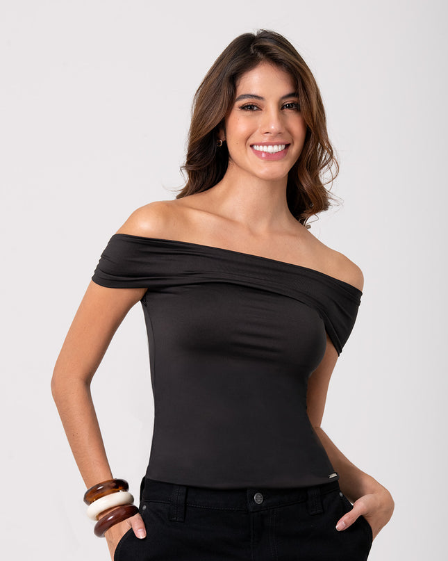 Blusa Strapless ajustada con lazo funcional negra