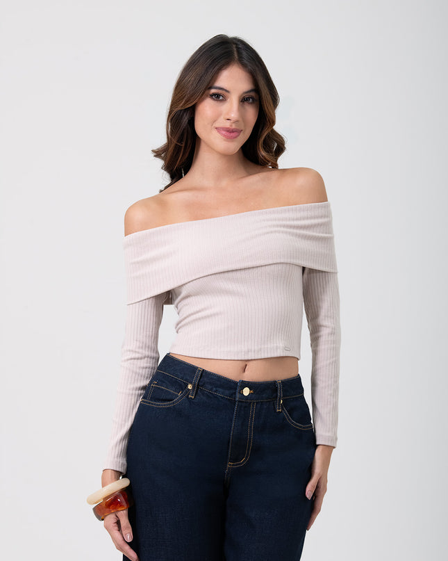 Croptop escote bardot beige