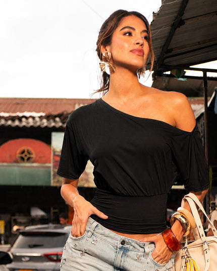 Blusa negra Asimétrica de Un hombro con cintura ajustada
