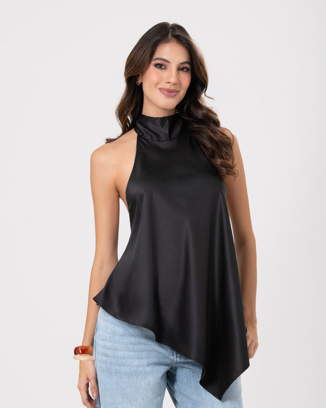 Blusa satinada cuello alto asimétrica