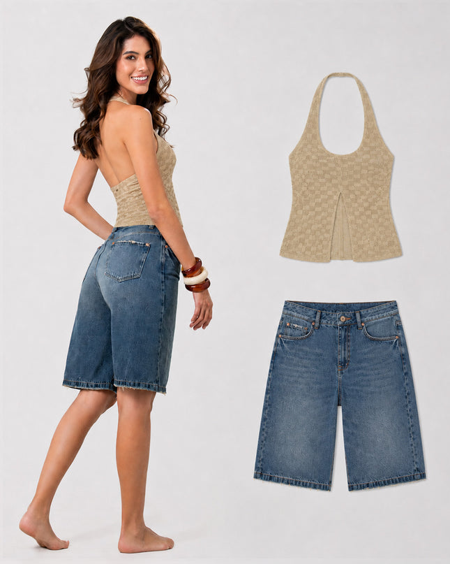 Set Blusa Halter y Bermuda en Denim Mujer — KanCan