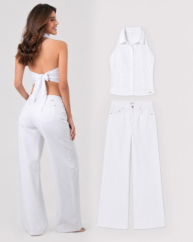 Set Blanco Blusa Halter y Jean Palazzo — KanCan