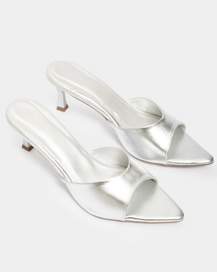 Sandalia mule de tacon medio plateada