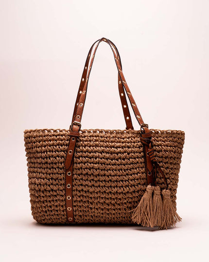 Bolso tote tejido  con asas en cuero sintético