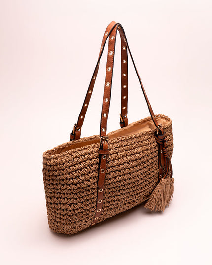 Bolso tote tejido  con asas en cuero sintético