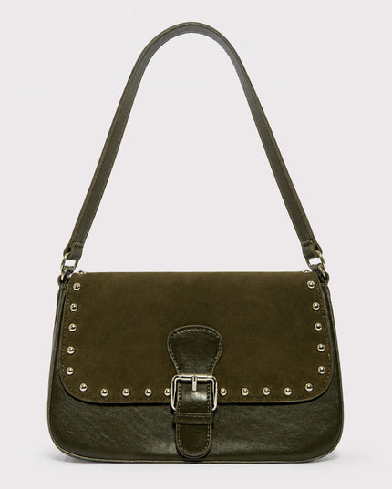 Bolso tipo carriel con taches metálicos verde oliva