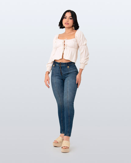 Jean Skinny tiro alto oscuro abertura en bota